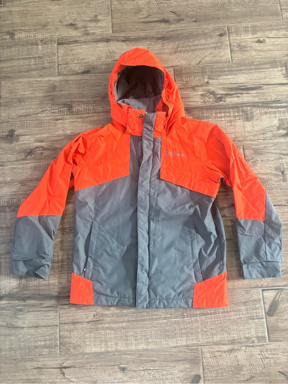 Columbia Kids Hooded Colorblock Rain Jacket — Bright Orange & Gray